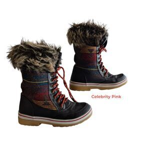 Celebrity Pink Glacier Brown Faux Fur Aztec Print Lace-Up Boots Size 7